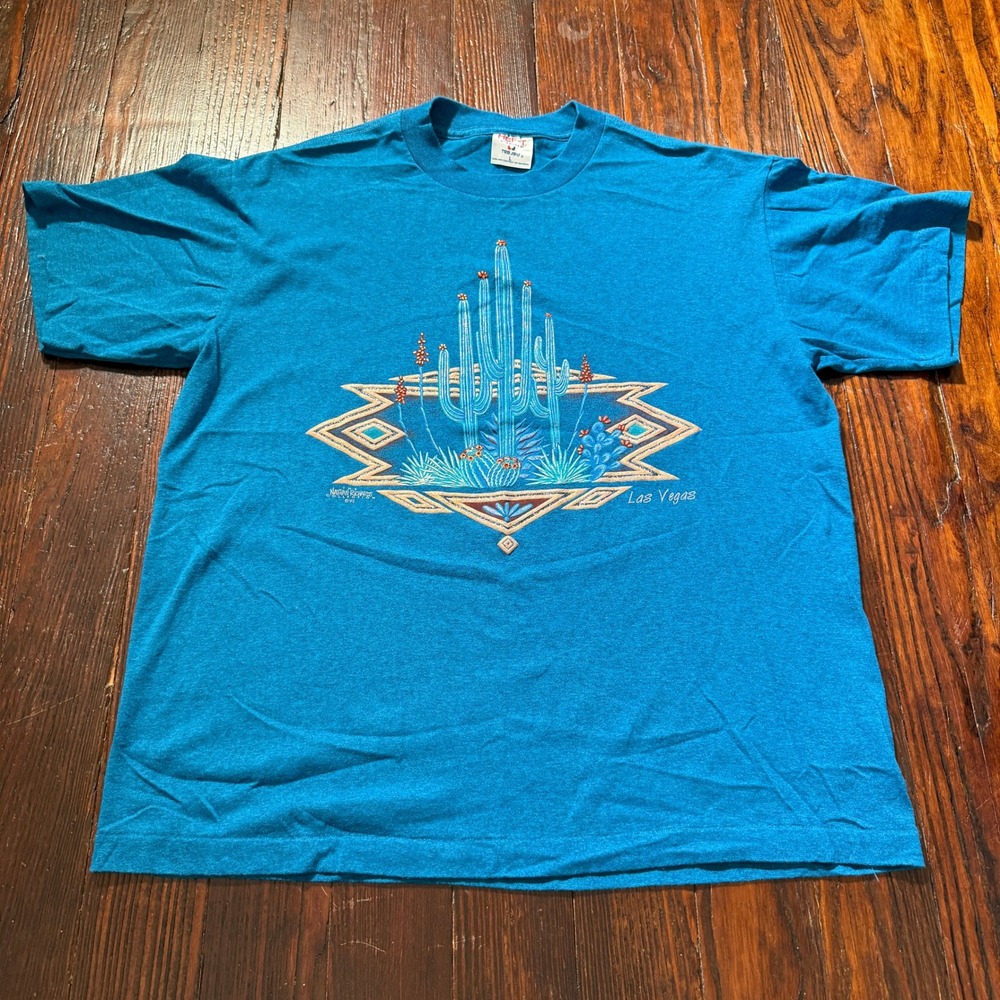 Vintage 1992 Nathan Richards Las Vegas Shirt Mens L Blue Cactus Single Stich USA